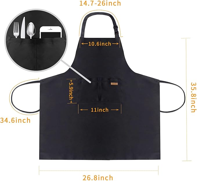 ATROPOS 2 Pack Black Adjustable Bib Cooking Apron Waterdrop Resistant with 2 Pockets Aprons for Men Women - Suit for Kitchen And Outdoor BBQ (35.8IN x 26.8IN Black)
