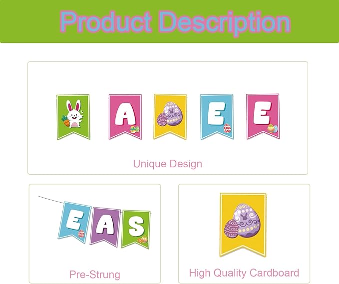 Happy Easter Banner for Easter Party Decorations Indoor Outdoor Egg Bunny Hanging Decor