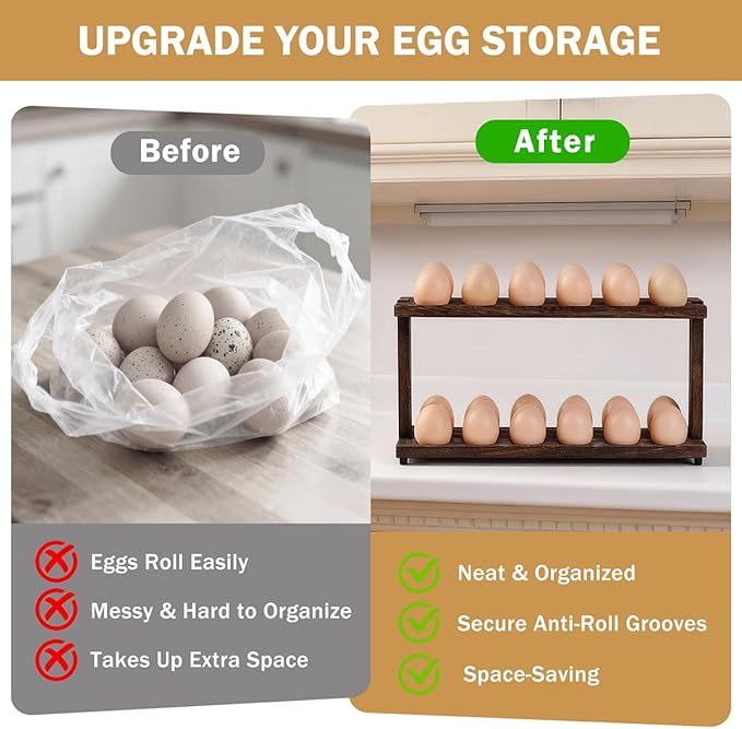 PEKER Wooden Egg Holder, 2-Tier Countertop Egg Rack, 24-Egg Capacity (Paulownia Wood), Farmhouse Kitchen Organizer for Fresh Eggs