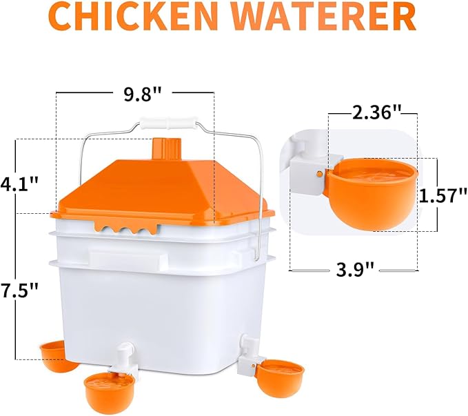 Chicken Waterer with 4 Water Cups,2 Gallons Watering Bucket with Automatic Chicken Waterers, Hanging Chicken Waterer Suitable for Chicken, Ducks, Pigeons and Quails(Orange)