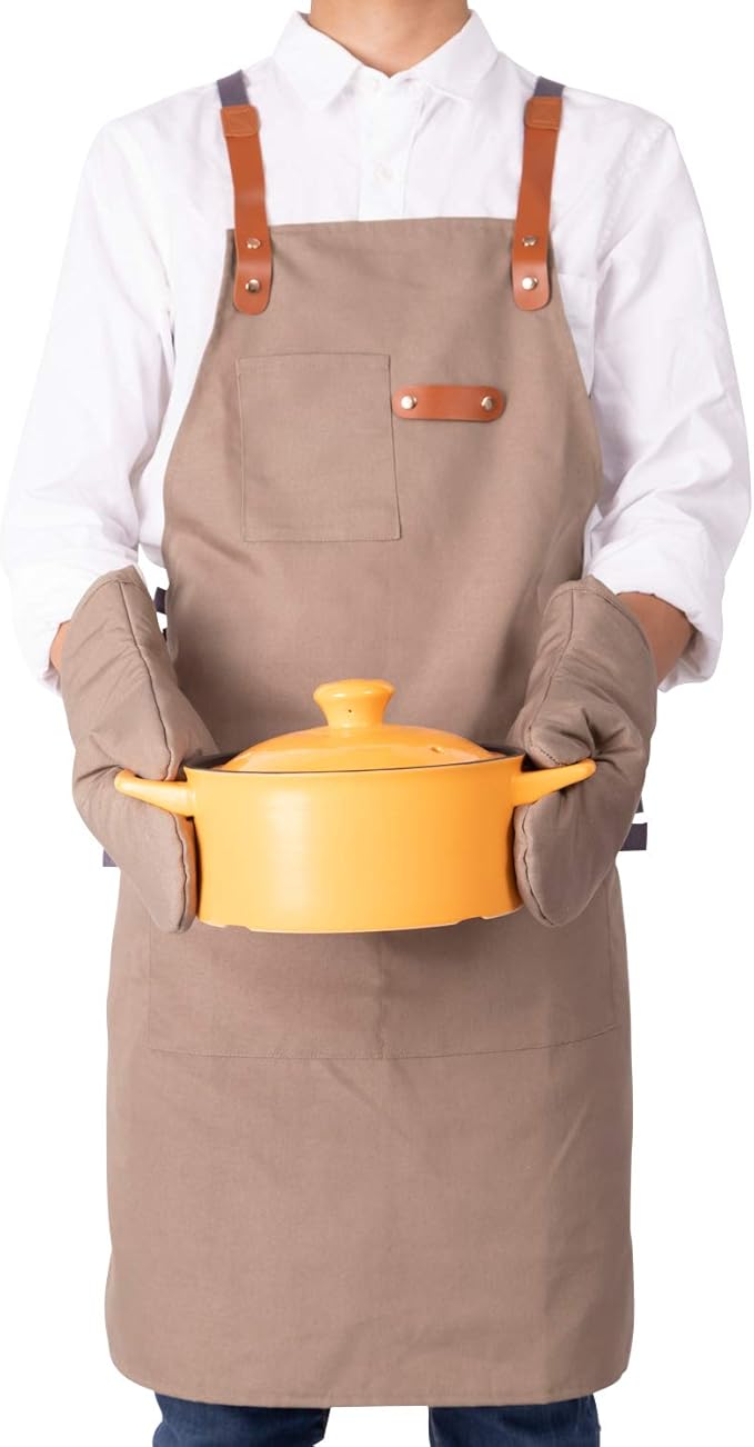 NEOVIVA Canvas Tool Apron for Men and Women with Pockets, Heavy Duty Cross Back Work Apron for Shop BBQ Woodworking