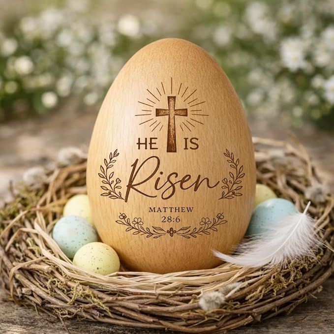 He Is Risen Wooden Egg Decor with Cross – Christian Engraved Wood Egg, Matthew 28:6 Bible Verse Religious Easter Table Decoration, Faith Gift for Christians, Church Spring Basket Display