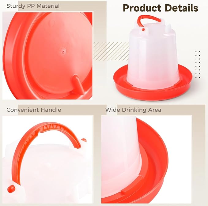 4 Pcs Chick Waterers, 2.5 L Poultry Water Feeders, Poultry Drinkers with Handle, Heavy-Duty Plastic Poultry Water Containers for Chickens, Turkeys, Ducks and More