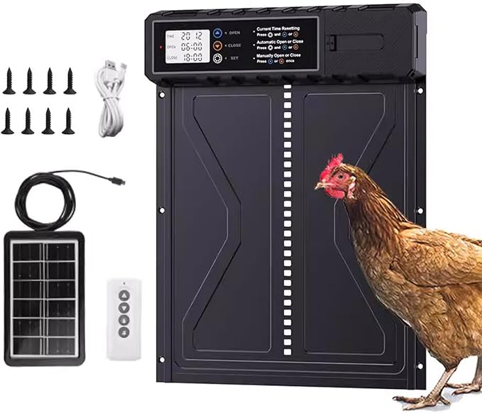 Automatic Chicken Coop Door Solar Powered,Aluminum Alloy Auto Door with Timer & Light Sensor, LCD Display, Solar Chicken Coop Door Anti-Pinch & Weatherproof, Vertical Sliding Door