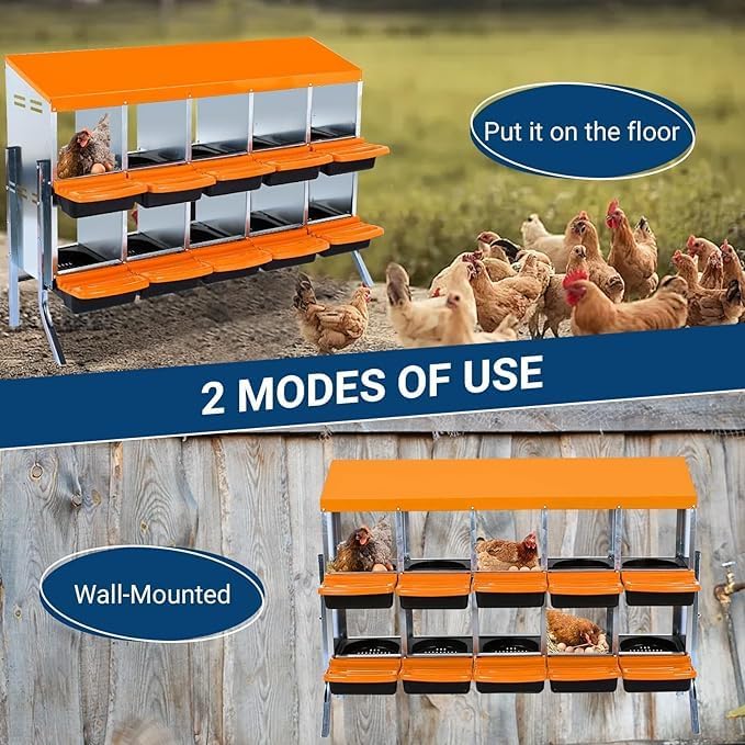 Chicken Nesting Box, 10-Compartment Egg Laying Box, Convenient for Collecting Eggs, Ventilated Poultry House Equipment in Metal Chicken Coop, Suitable for Hens and Ducks, (Orange, with Stand)