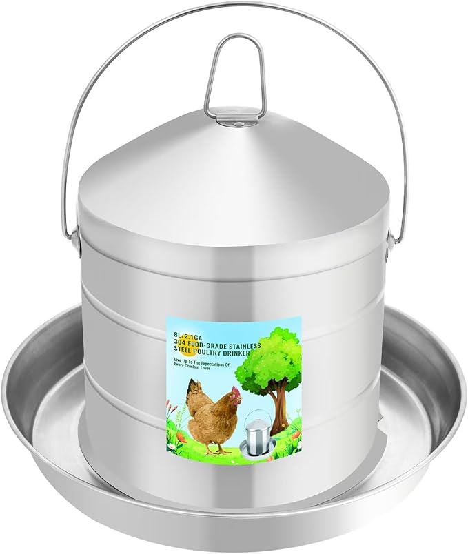 Automatic Chicken Waterer 8L/2.1Gal, 304 Food Grade Stainless Steel Heavy Duty Reliable Long-Lasting Poultry Waterer with Handle, High Strength Structure 0.035 Inch Metal Thickness, No Assemble