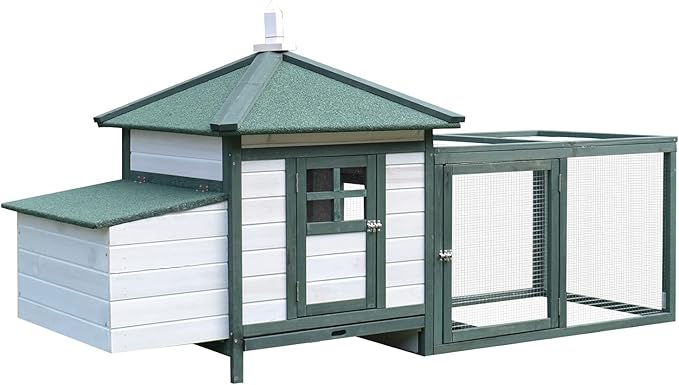 PawHut 77" Wooden Chicken Coop with Nesting Box, Cute Outdoor Hen House with Removable Tray, Ramp Run, for Garden Backyard, Green