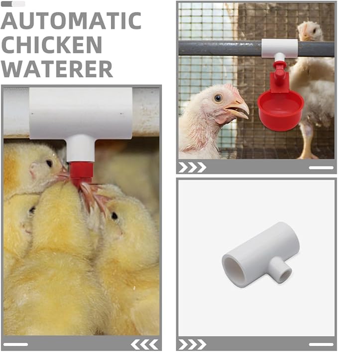 Uonlytech 10pcs PVC Tee Fittings Automatic Chicken Waterer System with Vertical Nipple Cups for Poultry Drinking Bowl Suitable for Chickens Ducks Quails
