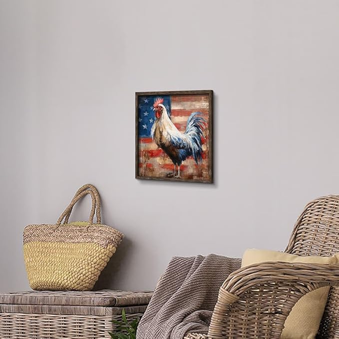 Rooster Wooden Wall Art Decor: Farm Animal Picture Country Cock Flag Framed Artwork Farmhouse Chicken Painting is the Perfect Combination of Energy Nature for the Kitchen Country House Bedroom 12"x12"