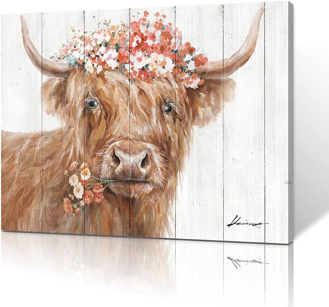 Yidepot Highland Cow Decor for Farmhouse: Retro Scottish Calf pictures hold Flowers Inspirational Quote Canvas Wall Art for boy's bedroom Kitchen Framed Ready to Hang Size 12"x15"