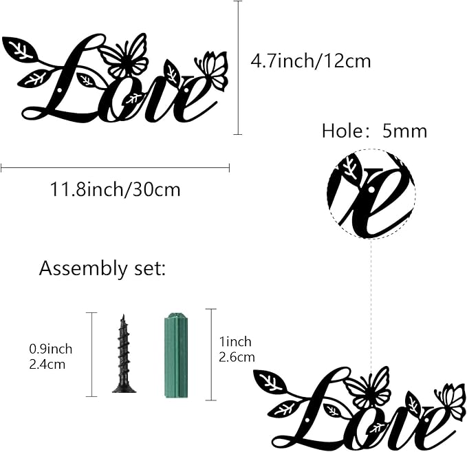 CREATCABIN Love Metal Wall Decor Hanging Letter Signs Iron Black Iron Rustic Love Word Leaves Butterfly Art Decoration Sign Cutout for Valentine's Day Home Office Living Room Walls 11.8 x 4.7 Inch