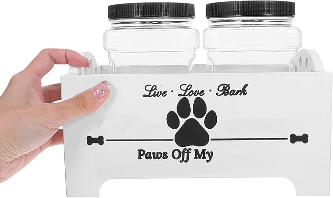 Mipcase Wooden Dog Food Storage Box with Airtight Jars, Treat Container Set for Countertop, Farmhouse Style Dog Treat Holder with Divided Compartments, White Wood for Home Pet Food
