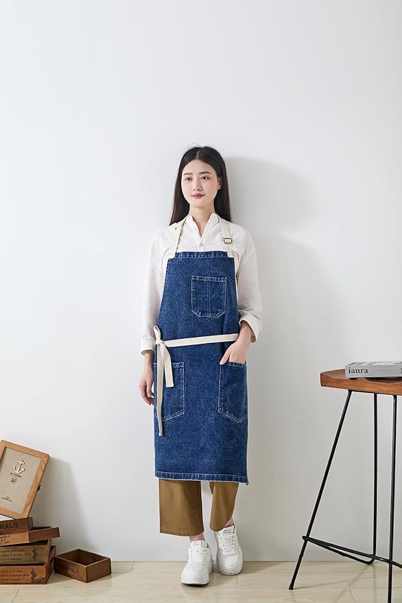 Cotton Denim Apron Soft - Unisex Adjustable Bib Apron with 5-Pockets Perfect for Kitchens