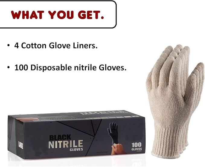 BBQ Gloves 4 Cotton Glove Liners and 100 Disposable Gloves Washable Cotton Liners Powder Latex Free Nitrile Gloves