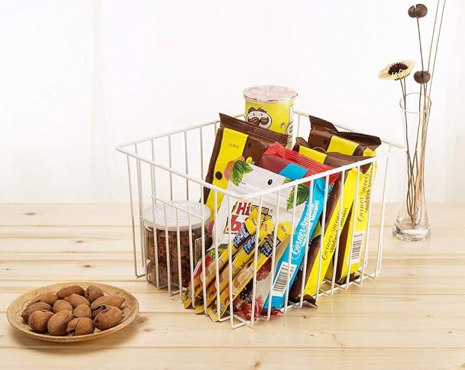 Slideep Fridge Freezer Baskets, Wire Storage Organizer Basket, Household Refrigerator Bin with Built-in Handles for Cabinets, Pantry, Closets, Bedrooms White - Set of 2