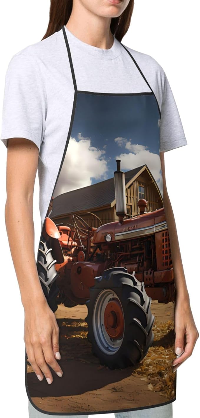 Red Tractor Kitchen apron with one pocket, oil and stain resistant, unisex, adjustable.