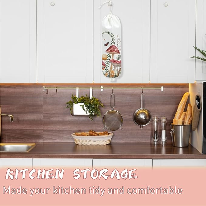 Mushroom Plastic Bag Holder, Wall Mount Grocery Bag Holder for Plastic Storage bag, Storage Organizer Reusable Grocery Bags, Pull Rope Free Adjustment, Butterfly Gifts for Women Mom Sister