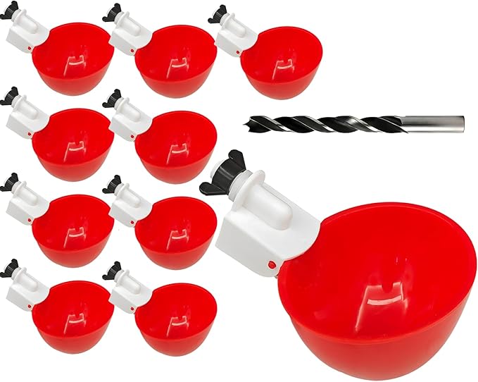 10PCS Chicken Waterer Cups, Red Automatic Poultry Watering Cups, Tee Fittings Poultry Waterer with Mounting Hole Opener,Ideal for Chicken Coop, Ducks, and Backyard Poultry