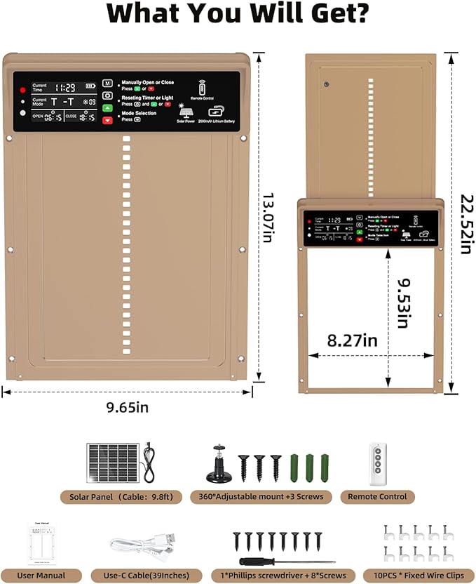 Automatic Chicken Coop Door, Pet Deluxe Chicken Coop Door Solar Powered 7W - Programmable Timer, Light Sensor, Anti-Pinch Safety, Aluminum Alloy Frame with 10 Wire Clips Chicken Door - Brown
