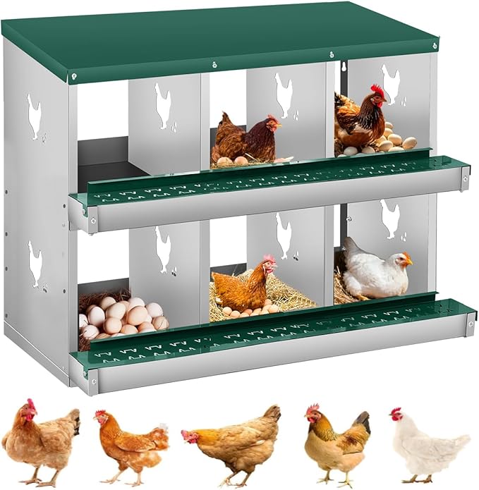 Chicken Nesting Box,6 Compartments Nesting Box for Chickens, Two-Tier Galvanized Metal Wall Mount Chicken Egg Laying Box with Large Vented Holes for Easy Egg Collection ﻿