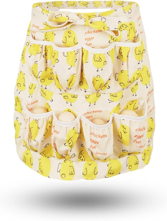 Egg Apron for Kid and Adult, Deep Pockets with Elastic Closures, Fresh Egg Collecting Gathering Holding Apron
