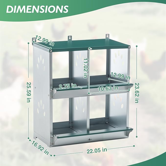 EAGLE PEAK 4-Hole Wall Mounted Chicken Nesting Box, Roll Away Hen Laying Box with Sloped Roof & Easy Clean Tray, Galvanized Steel for Backyard Chicken Coops (Green)