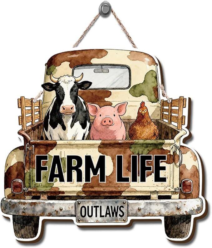 Farmhouse Wall Decor, Farm Life Truck Sign with Cow Pig Chicken, Rustic Wood Hanging Plaque, Watercolor Farm Animal Wall Art Painting Style, Country Home Door or Wall Sign, 10.4x9.8 Inches
