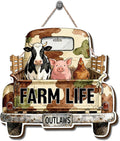 Farmhouse Wall Decor, Farm Life Truck Sign with Cow Pig Chicken, Rustic Wood Hanging Plaque, Watercolor Farm Animal Wall Art Painting Style, Country Home Door or Wall Sign, 10.4x9.8 Inches