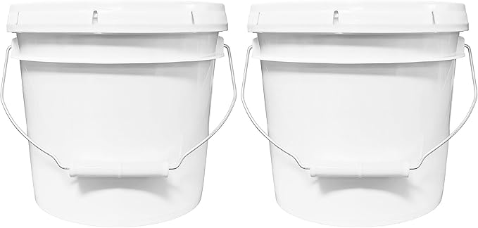 1-Gallon Bucket with Airtight Lid – Made in USA, Food Grade BPA Free Plastic, Heavy Duty Multi-Use, Metal Handle with Grip, Stackable Storage – White, 2 Pack