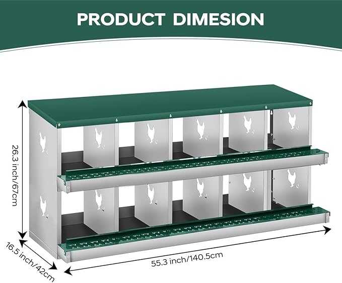 GarveeLife Chicken Nesting Box, 10 Compartments Nesting Box for Chickens, Two-Tier Steel Chicken Egg Laying Box with Large Vented Holes Wall Mounting for Easy Egg Collection