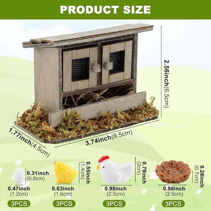 Miniature Chicken Coop Set - 13-Piece Farm Decor Kit with Hens, Chicks, Eggs & Nests for Fairy Gardens, DIY Mini Landscapes & Party Decor