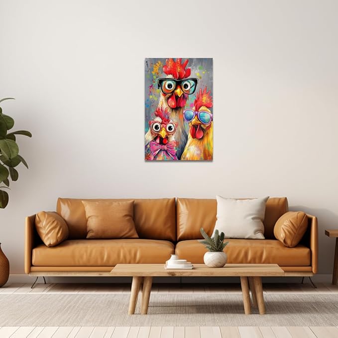 ZQQART Rooster Canvas Wall Art Funny Chicken Portrait Picture Prints Rustic Animal Painting Artwork Farmhouse Kitchen Decor Framed(Yellow,28.00" x 42.00")