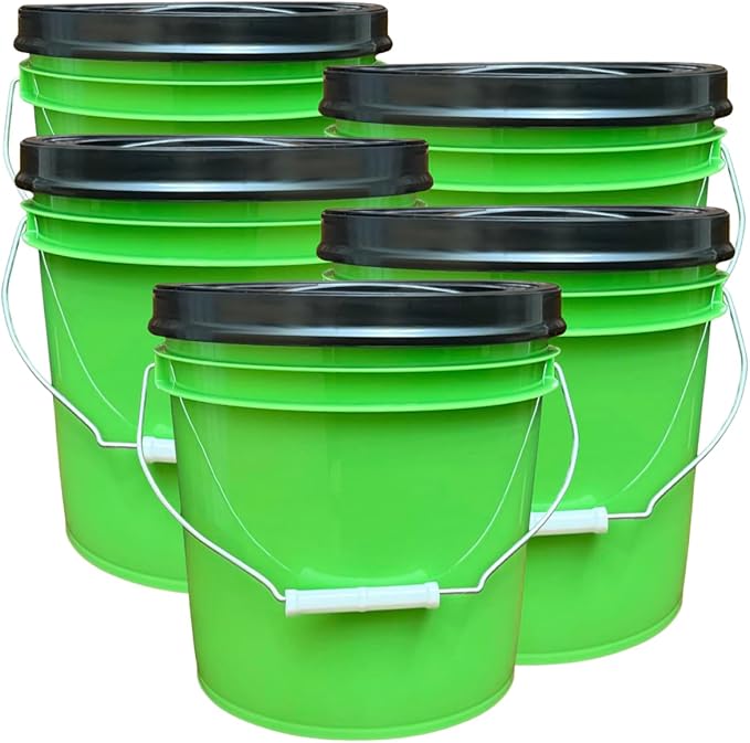 House Naturals 2 Gallon Food Grade - BPA Free Made in USA Buckets Lime Color pails with Screw On Gasket Lids (5, Lime - Black lids)