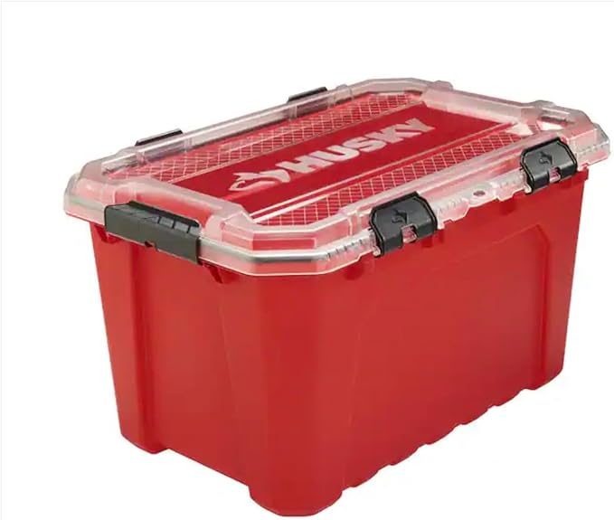 Professional Heavy Duty Waterproof Stackable Plastic Storage Container with Hinged Lid, Red, Rectangular, (20 Gal)