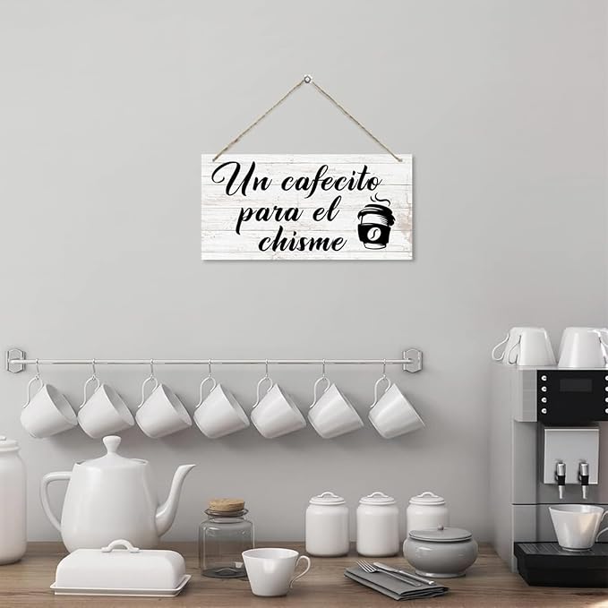 Coffee Bar Decor Sign, Un Cafecito Para el Chisme Decoration, Vintage Kitchen Decor, Funny Home Hanging Decors, Farmhouse Coffee Bar Decoration with Rope Hanging 12 x 6 Inches