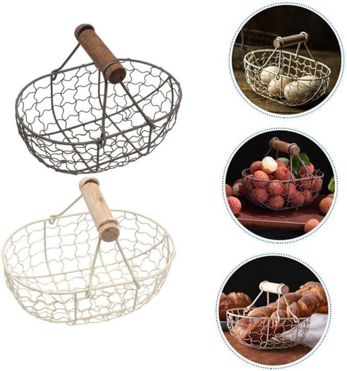 Vintage Rustic Metal Bread and Egg Collecting Basket Set, 2pcs Gray and Cream Farmhouse Style Fruit Storage Containers with Wooden Handles for Kitchen and Dining Organization
