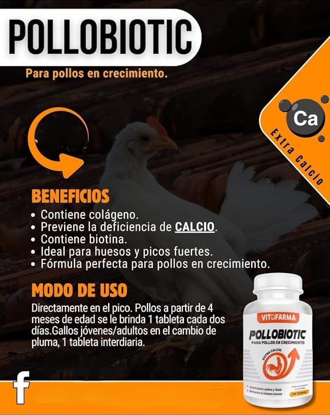 POLLOBIOTIC - Essential Supplement for Optimal Health - Extra Calcium for Roosters Calcio para Pollos, Poultry, Gallinas Chickens and Roosters - 100 Tablets