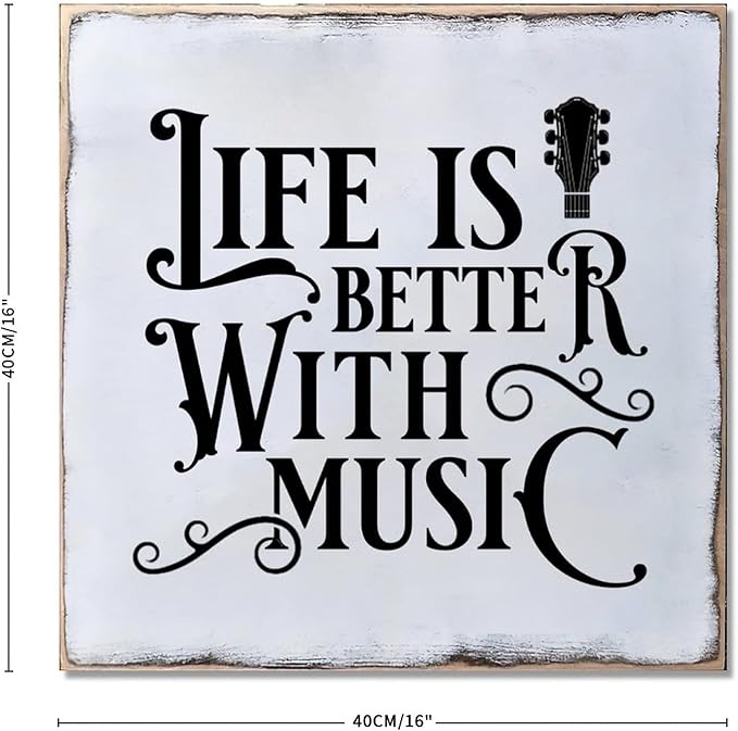 Distressed Look Wood Sign Life is Better with Music Rustic Farmhouse Wooden Sign with Quote Retro Wooden Art Plaque Vintage Wall Hanging Wall Decor for Porch Room House Home Decor Gift for Music Lover