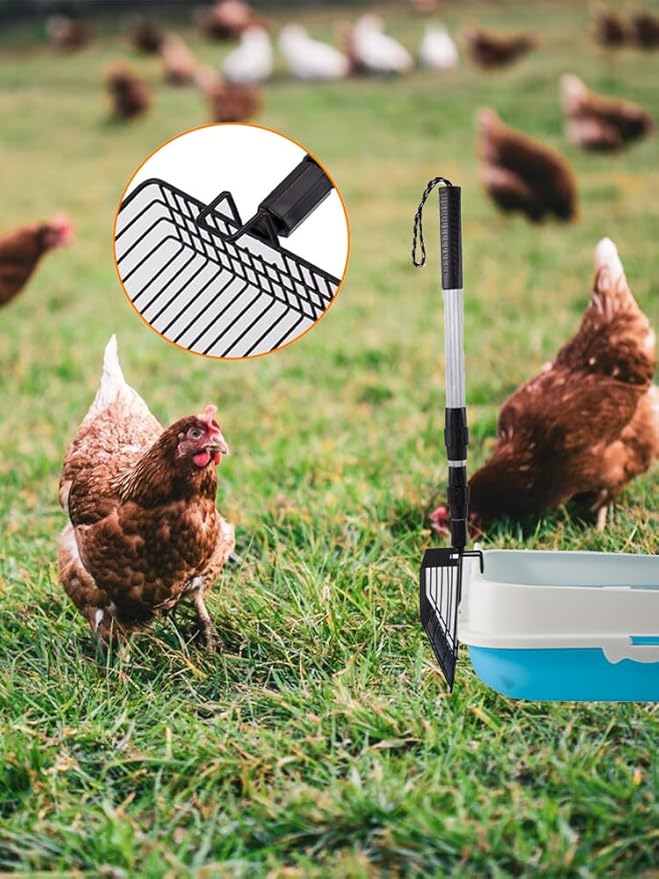 MOTUZP Chicken Poop Scooper Chicken Coop Rake Large Metal Chicken Coop Cleaning Tools 3-in-1 Stretchable Chicken Poop Scooper (22 to 42 in) for Chicken Coop Cleaning Supplies (Black)