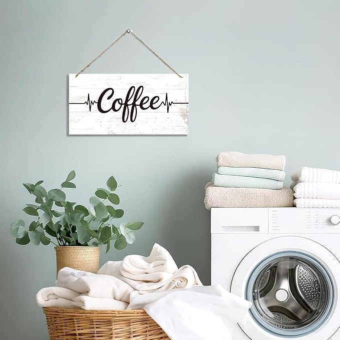 Coffee Bar Wooden Hanging Decor, Coffee Heartbeat Frequency Decoration Sign, Vintage Kitchen Decor, Wood Grain Retro Sign, Cafe Decoration with Rope Hanging 12 x 6 Inches