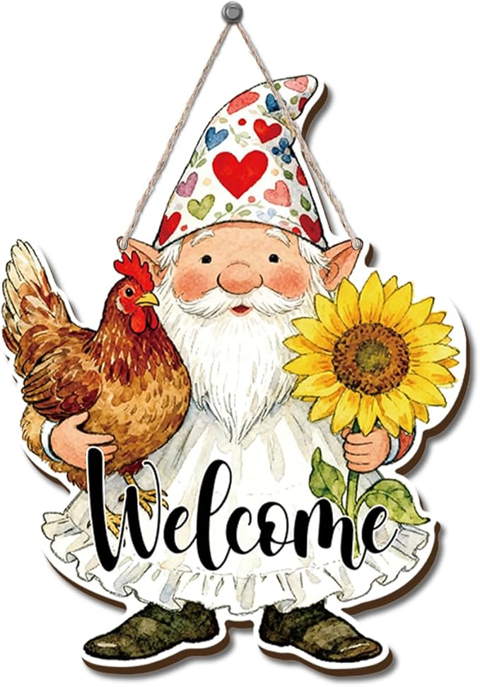 Farmhouse Wall Decor, Gnome Welcome Sign with Chicken and Sunflower, Rustic Wood Hanging Plaque, Watercolor Farmhouse Painting Style Wall Art for Porch Garden Kitchen or Entryway, 11.8x9.2 Inches