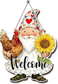 Farmhouse Wall Decor, Gnome Welcome Sign with Chicken and Sunflower, Rustic Wood Hanging Plaque, Watercolor Farmhouse Painting Style Wall Art for Porch Garden Kitchen or Entryway, 11.8x9.2 Inches