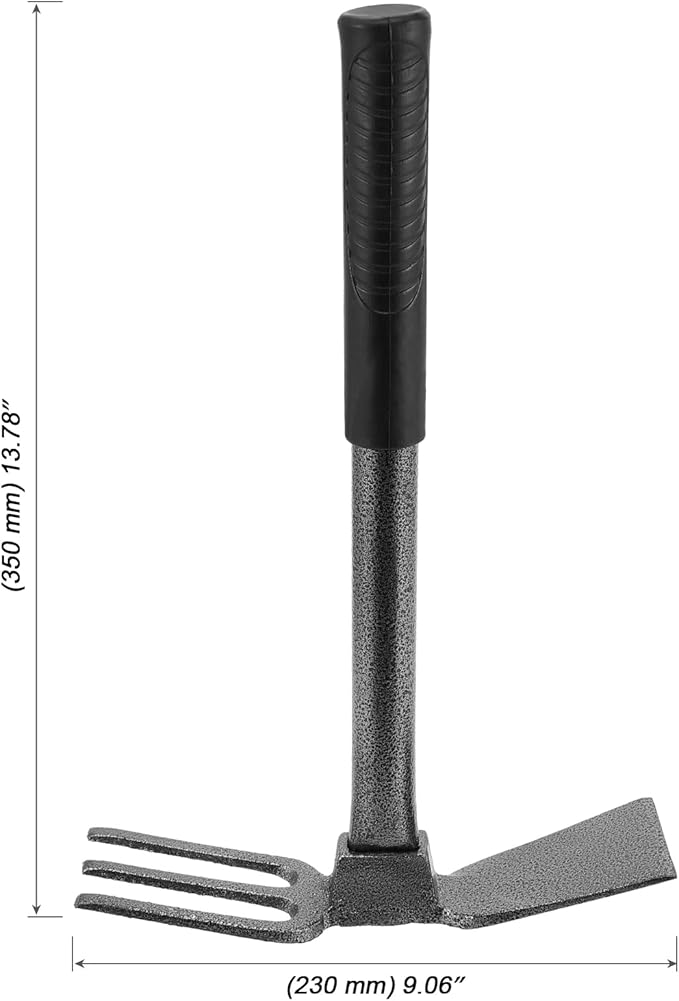 MOUYAT 4 PCS 2 in 1 Double Garden Hoe and Cultivator, 9 x 14 Inch Dual Headed Weeding Tool Heavy Duty Hand Tiller Rust Proof 3 Prong Cultivator with Handle for Weeding and Digging