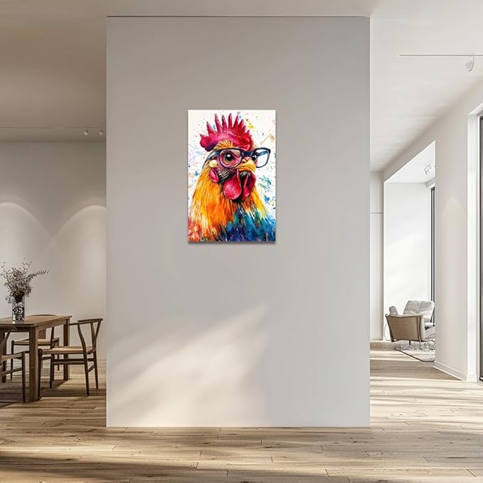 ZQQART Rooster Canvas Wall Art Funny Chicken Portrait Picture Prints Rustic Animal Painting Artwork Farmhouse Kitchen Decor Framed(White,24.00" x 36.00")