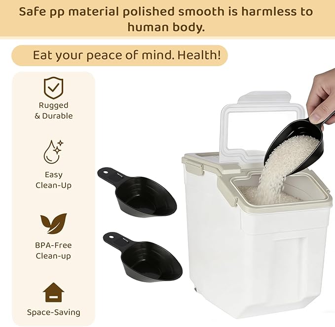 PENCK Rice Storage Container 25 lbs Large Household Flour Sugar Containers Airtight Grain Cereal Dispenser with Wheels, Locking Lid & Measuring Cup for Kitchen Pantry Organization, 2 Pack(Grey)