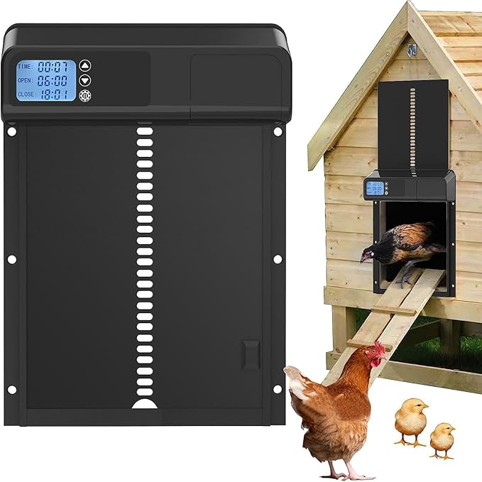 Automatic Chicken Coop Door with Timer, Gear Lifter Poultry Gate,Battery Powered, Evening and Morning Delay, Full Aluminum Door, Automatic Chicken Door Opener with LED Liquid Crystal Display (V-Black)