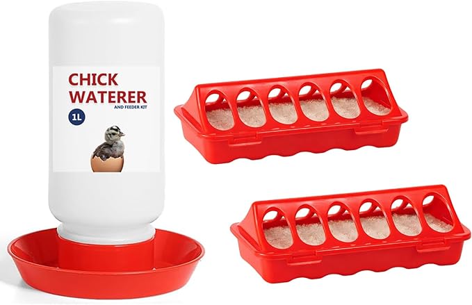 Chick Feeder and Waterer Set, 3 Pcs Baby Chicken Supplies with Chicks Feeder Trough and 1L Waterer, Chicken Starter Kit for Small Poultry Ducks Quail Coop