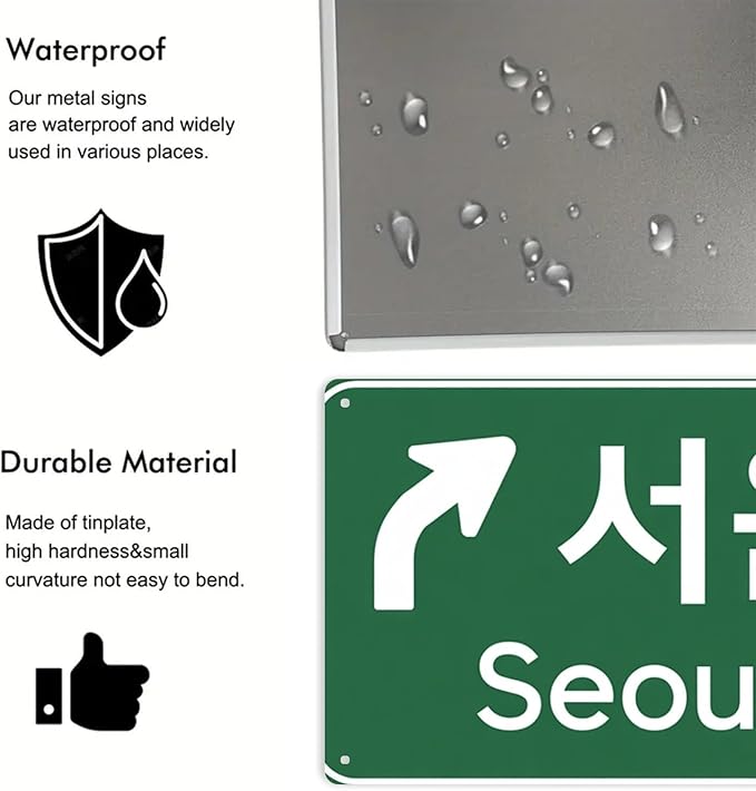 Seoul Direction Sign Tin Sign Vintage Seoul Travel Metal Sign Print Aesthetic for Garden Yard Bar Porch Home Bedroom Kitchen Wall Decor Gift 8 X 12 in