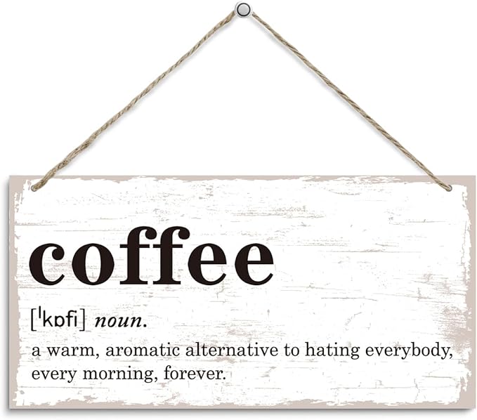 Coffee Definition Wooden Sign, Coffee Bar Sign Wall Decoration, Vintage Kitchen Decor, Wood Grain Retro Decor Signs, Cafe Decoration with Rope Hanging 12 x 6 Inches