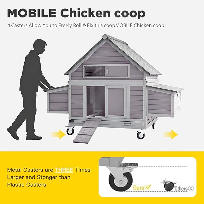 Aivituvin Chicken Coop with Wheels Large Poultry House with Two Nesting Boxes Outdoor Wooden Hen cage